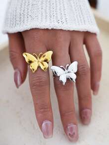 Uself 2pcs/1pc 18K Gold Plated 3D Butterfly Stainless Steel Ring Set, Polished Dual-Tone Open Ring, Creative Design For Women Jewelry Lovers, Western Jewelry, Holiday Gift, Brand For Female - Multicolor - View 6