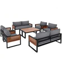 Garden Lounge Set, Garden Furniture Set With Galvanized Iron Frame (Large Set, 8-Piece Dining Table, 2 Two-Seater Sofas, 4 Individual Chairs, 2 Tables), Grey, Decorative Wooden Armrests. - Grey - View 3