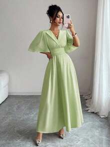 YHHElenzga Nuevo vestido casual, elegante y de vacaciones para mujer con diseño de cuello, cintura plisada, parche de gasa y mangas con volantesYHH - verde menta - Ver 7