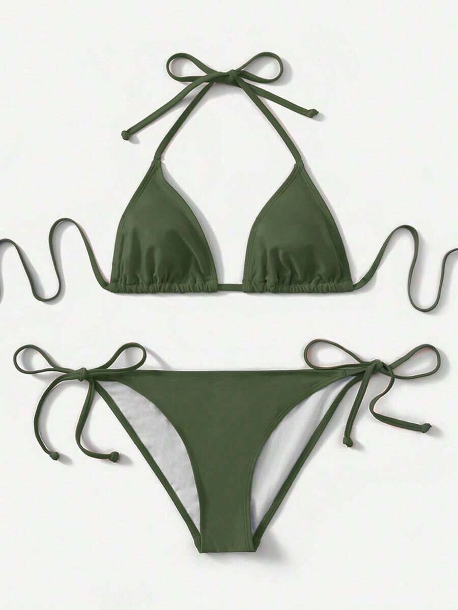 Women's Simple Solid Color Swim Bikini With A Halter Neck And Cutout, Suitable For Beach Vacations And Summer. - Army Green - View 1
