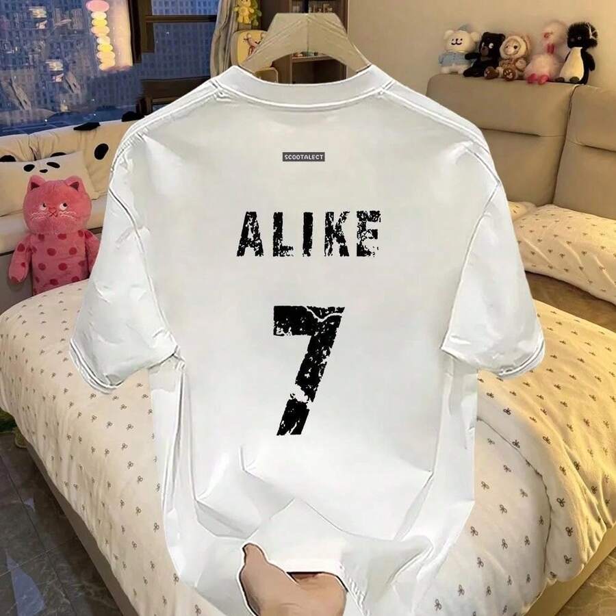 Nueva camiseta unisex de manga corta de verano con cuello redondo y estampado del número 7️⃣, estilo transfronterizo, corte holgado para parejas. - Blanco - Ver 1