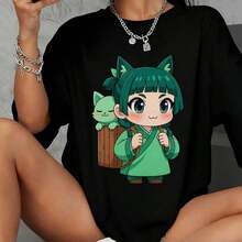 Camiseta para Mujer con Estampado de Personaje de Anime con Gato Verde y Diseño de Cabello de Gato Estilo Chibi Moda Casual para Mujeres Camiseta Negra con Grafico Divertido - Blanco - Ver 1