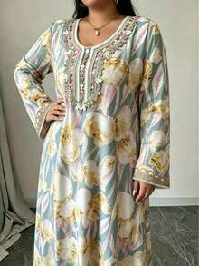 Plus Size Middle Eastern Style Round Neck Embroidered Floral Print Fashion European And American Retro Chic Loose Plus Size Dress Vacation Elegant - Multicolor - View 4