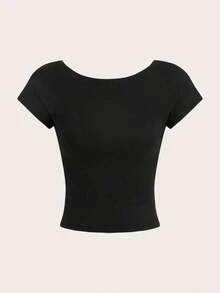 Set de 2 camisetas de mujer sin sujetador de cuello redondo y espalda descubierta, de manga corta, en negro y blanco.Camisetas casuales, minimalistas, vintage y elegantes, versátiles para ir al trabajo, la playa, de vacaciones, en verano - Multicolor 2 - Ver 3