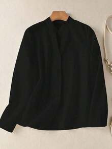 Camisa de mujer de unicolor con cuello en V y botones - Blusa casual y elegante de manga larga con detalle de bolsillo, adecuada para vacaciones, viajes y uso diario, artículo esencial para primavera, verano, otoño e invierno - Negro - Ver 8