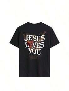 Camiseta de manga corta con cuello redondo y estampado de "Jesus Loves You" para mujer, 100% algodón, estilo casual, adecuada para uso diario en verano, color blanco - Ropa unisex para uso diario en el campus. - Negro - Ver 3