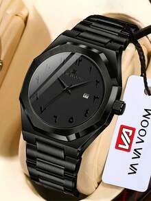 Đồng hồ VA VA VOOM 1 chiếc màu đen, mặt số Ả Rập, thép không gỉ, dành cho nam, lịch đa năng, phong cách công sở thường ngày, đồng hồ thạch anh đơn giản. - Kiểu thép không gỉ - Xem 7