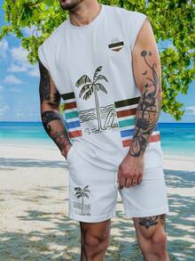 Conjunto casual de camiseta de tirantes y pantalones cortos con estampado de palmeras para hombre - Multicolor - Ver 2
