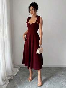 elegante y romántico para mujer con lazo decorativo en la cintura y corte evasé sin mangas - Burdeos - Ver 5