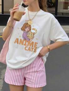 Solo Una Chica Que Ama El Anime Y Los Gatos, Dibujo De Manga Para Mujeres, Camiseta 100% Algodón 001 - Estilo Urbano Vintage, Unisex, Camiseta De Manga Corta De Algodón Suelto Con Cuello Redondo - Blanco - Ver 1