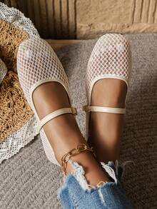 Summer New Mesh Hollow Out Ballet Women Shoes, Low Vamp Square Toe Buckle Breathable Flat Shoes, Daily Commute Versatile - Chantilly - View 3