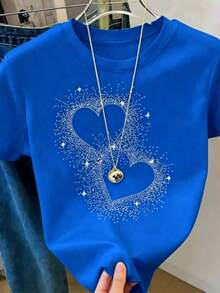 Playera de mujer, estilo Y2K, a la moda, novedad 2026, linda y casual. Camiseta casual negra de manga corta para mujer con diseño de corazón de lentejuelas, cuello redondo, corte regular, 180g (tallas S-XXXL). - Azul - Ver 9