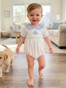 Baby Short Sleeve Romper Embroidered Plaid Doll Collar Summer Bubble Bodysuit For Girls Boys - 藍色 - 查看 1