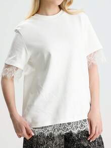 RoseArya Premium Cotton Lace Sleeve & Back T-Shirt - White - View 5