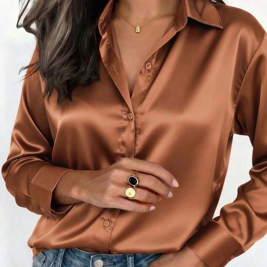 2026 Women's Satin Button-Up Blouse, Elegant Collared Shirt For Office Or Casual Wear, Autumn Winter Spring Summer Tops Summer Outfits For Women Summer Clothes Shirts Vacation Outfits Women Spring Outfits For Women Blusas Bonitas De Mujer Cute Tops Going Out Tops Women - 亮橙色 - 查看 1