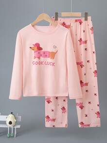 2pcs/Set Girls' Long Sleeve Long Pants Loungewear Set, Pure Cotton Pajama Set - Multicolor - View 2