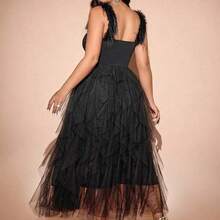 Cravure Plus Size Solid Color Elegant Sleeveless Party Dress With Mesh Splice Maxi Women Outfit - Negro - Ver 3