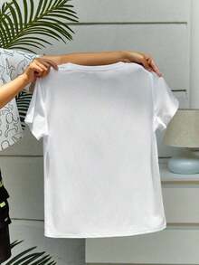 Camiseta de bikini estampada informal con cuello redondo para mujer , versátil para uso diario. - Blanco 2 - Ver 2