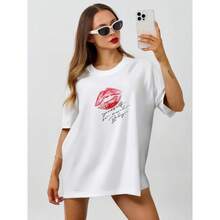 Moderna y divertida, diseño dulce y atrevido, estampado exclusivo, estilo europeo y americano de verano, camiseta de manga corta 100% algodón, top que realza la figura. - Blanco - Ver 2