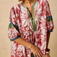 Plus Size Women's Pink & Green Tropical Plant Print Maxi Dress, V-Neck Tie Bow Long Sleeve Loose Casual Dress, Early Autumn Boho Dress Women Summer Dresses For Women With Sleeves Resort Dresses For Women Floral Print Dress French Dresses For Women Autumn Dress Going Out Dress Fall Clothes Fall Clothes Plus Size Autumn Clothes Wedding Guest Dress Elegant  Old Money Beach Outfits For Woman Resort Wear Women Ibiza Outfit - Multicolor - Ver 4