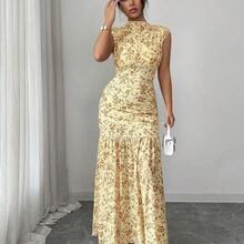 Elenzya Yellow Printed Ruched Waist Slit Elegant Dress For Women - Amarillo claro - Ver 4