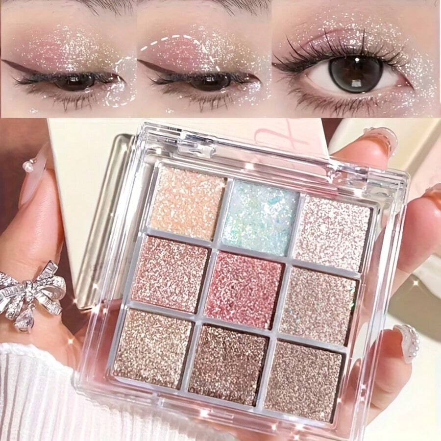 K'APEINE Bảng phấn mắt 9 màu lấp lánh Icy Sparkle - Bảng phấn mắt 9 sắc màu óng ánh - Độ bóng cao, hiệu ứng lấp lánh, tông hồng, tím và bạc, thích hợp cho Giáng sinh, Halloween, các lễ hội làm đẹp. - Rhapsody - Xem 1