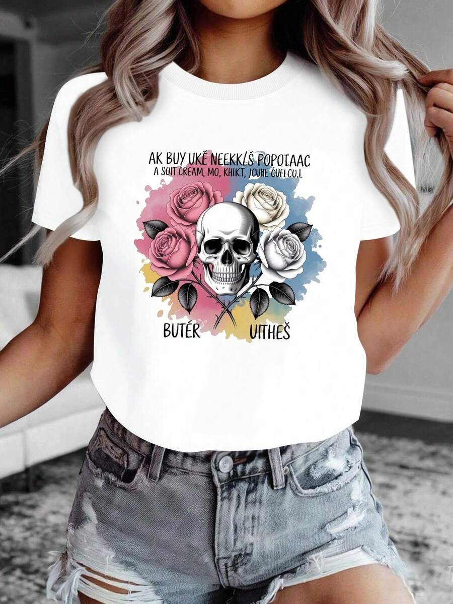 Camiseta de Mujer Pura con Frase Eslovaca "ierňujúcije krásou" (Morir de Beza) - Letras Góticas y Diseño de Calavera/Rosas - Top Casual con Frase Eslovaca - uste Lavable a Máquina