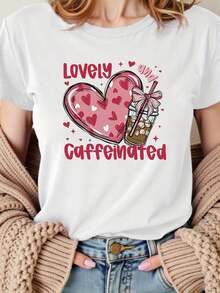 Plus Size - Plus Size - Vibrant Moments With Heart Coffee Cups: A Stylish And Casual Women's Crew Neck T-Shirt With Heart And Coffee Cup Prints, Perfect For Everyday Wear, Shopping, And Meetings In Spring And Summer. - 白色 - 查看 1