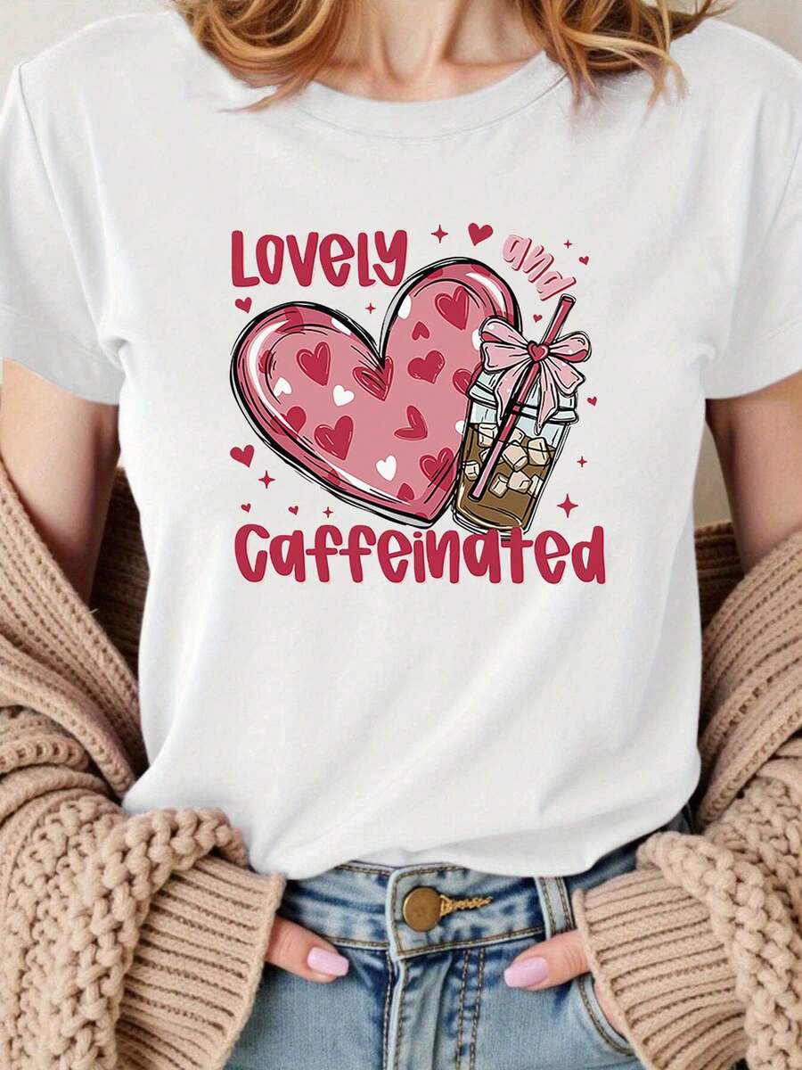 Plus Size - Plus Size - Vibrant Moments With Heart Coffee Cups: A Stylish And Casual Women's Crew Neck T-Shirt With Heart And Coffee Cup Prints, Perfect For Everyday Wear, Shopping, And Meetings In Spring And Summer. - 白色 - 查看 1