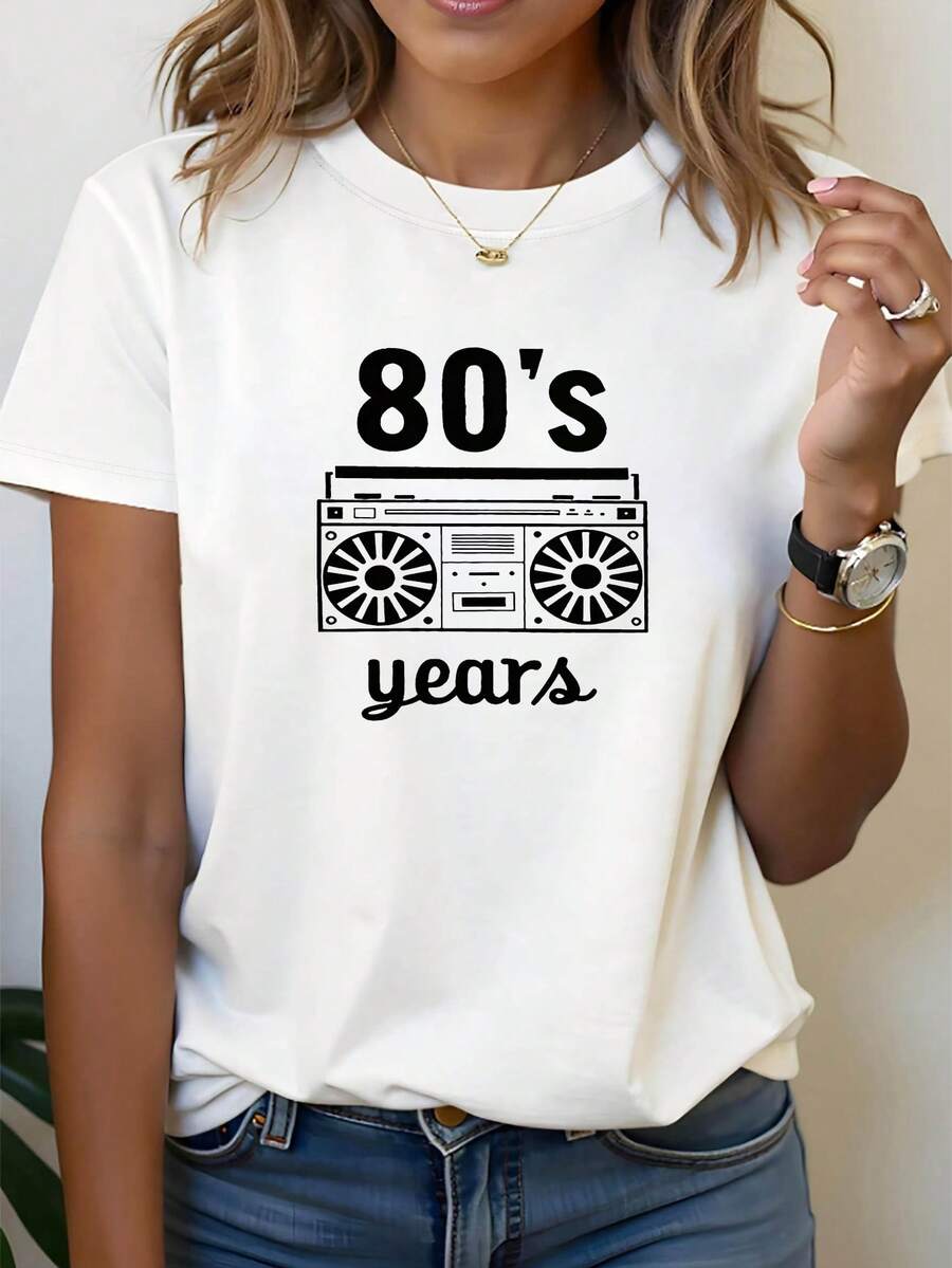 Talla Grande - Talla Grande - Camiseta de Mujer de Talla Grande con Estampado Gráfico de Radio Retro de los 80, Top Casual de Manga Corta y Cuello Redondo para Verano y Primavera, Ropa de Mujer