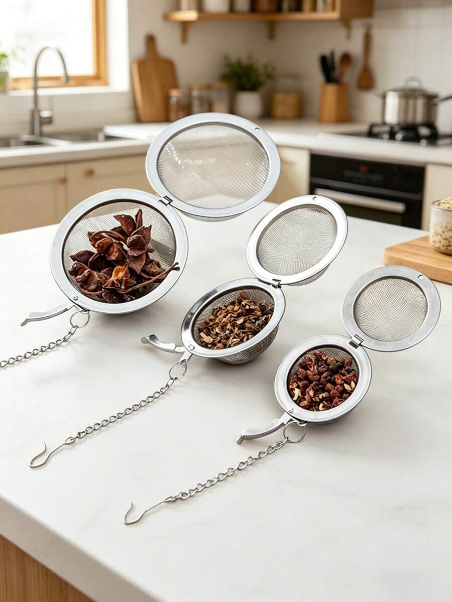Bộ 3/1 quả cầu lọc trà bằng thép không gỉ - Thích hợp cho trà lá rời, gia vị và nước dùng, quả cầu lưới tròn có dây xích và móc, dụng cụ nhà bếp thiết yếu để pha và ngâm trà, đồ dùng nhà bếp, món quà tuyệt vời cho gia đình, bạn bè, ngày Valentine, tiệc tùng, phụ kiện nhà bếp.