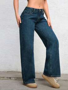 ICON Solid Color Wide Leg Pocket Jeans, Casual And Versatile - 藍色 4 - 查看 4