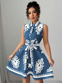 Elenzya Vestido corto sin mangas con botones delanteros y estampado vintage para vacaciones casual de mujer - Azul - Ver 4