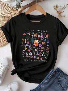 1 pieza de camiseta casual de manga corta para mujer - Estampado floral geométrico negro con la frase "IT IS WELL With MY SOUL", corte holgado, cuello redondo, ideal para primavera, verano, deportes al aire libre y vacaciones, lavable a máquina, camisetas para damas, 180g, 100% algodón. - Negro - Ver 5
