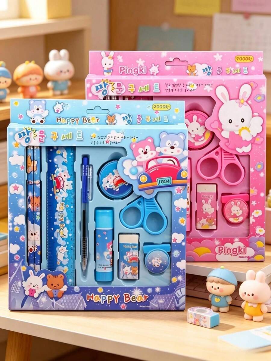 9件組韓式文具禮盒，創意學習用品，適合學校獎勵、派對禮物、聖誕生日禮物，內含鉛筆、削鉛筆器、橡皮擦、尺、圓珠筆等