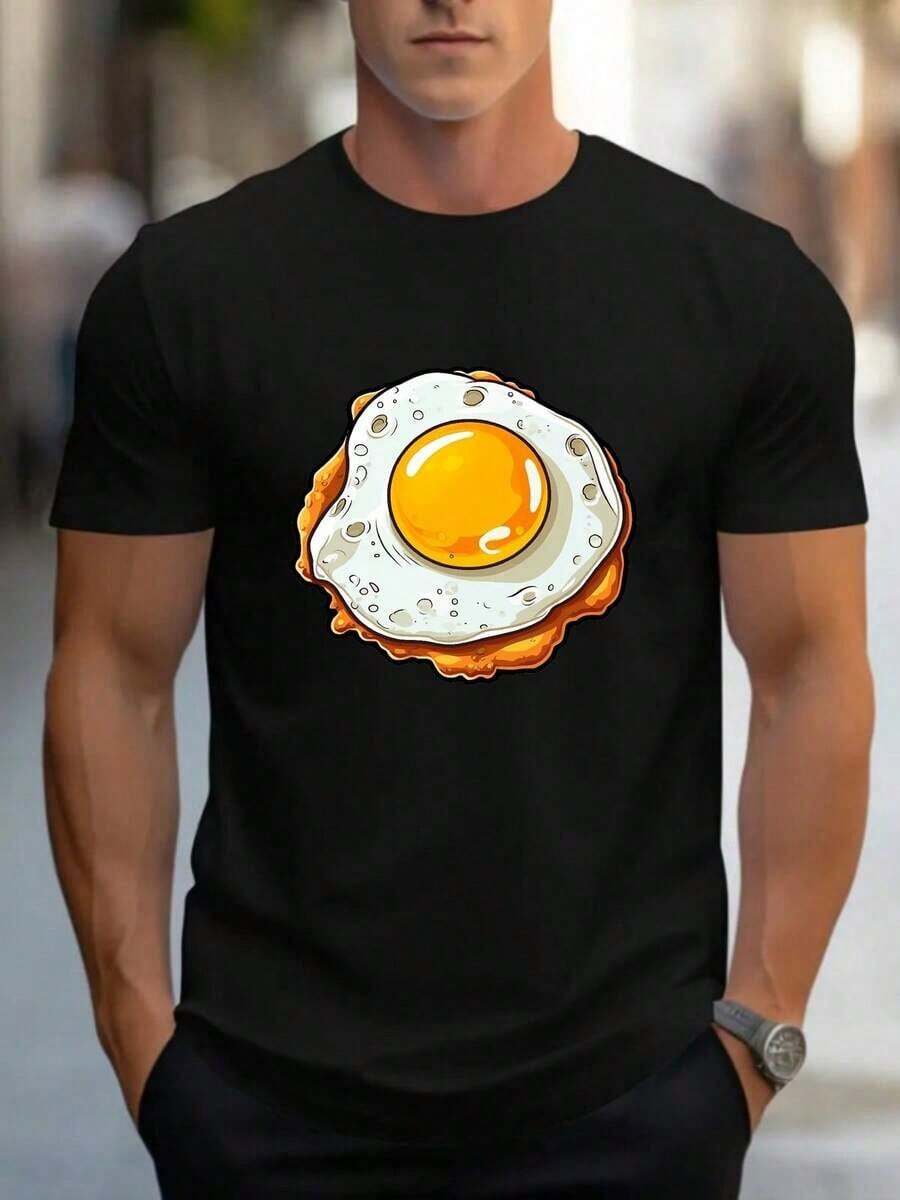 Casual T-Shirt With Egg Graphic Design, Suitable For Training, Hiking, And Outdoor Activities. This Regular-Fit, Crew-Neck T-Shirt Is Made Of Stretchy Fabric With A Geometric Pattern And Weighs 180 G/M². Ideal For Summer Wear. - 黑色 - 查看 1