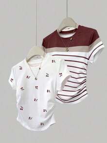 Set de 2 blusas de verano para mujer, camisetas con cintura ceñida, diseño de unicolor, burdeos y negro clásicos, de alta gama, para estudiantes, uso casual diario, adecuado para salir, ir de compras, usar en la oficina - Multicolor 3 - Ver 1