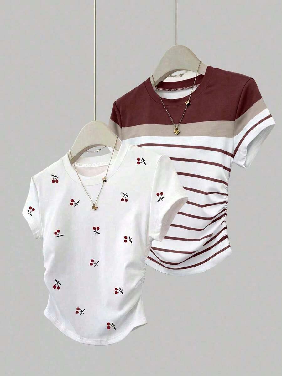 Set de 2 blusas de verano para mujer, camisetas con cintura ceñida, diseño de unicolor, burdeos y negro clásicos, de alta gama, para estudiantes, uso casual diario, adecuado para salir, ir de compras, usar en la oficina - Multicolor 3 - Ver 1