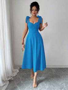 elegante y romántico para mujer con lazo decorativo en la cintura y corte evasé sin mangas - Azul - Ver 6