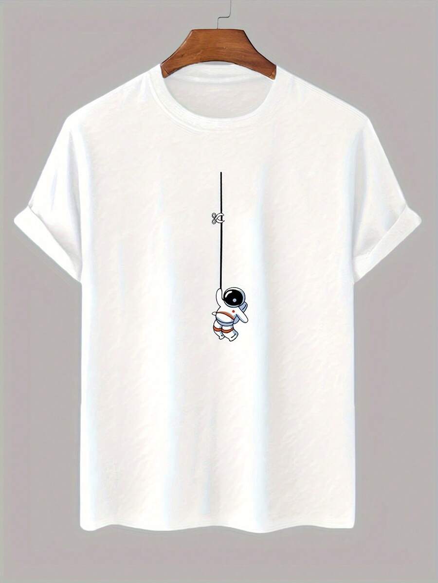 Men's Plus Size 100% Cotton T-Shirt - Astronaut Print, Short Sleeve, Crew Neck, Premium Quality Casual T-Shirt For Outdoor Adventures, Suitable For Spring, Summer And Autumn, Machine Washable, Astronaut T-Shirt, Spring And Summer T-Shirt, Fun Design, Soft Fabric, Plus Size WZIS - 白色 - 查看 1