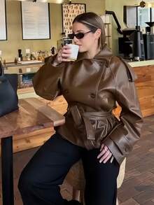 Women's Elegant Vintage Brown Patchwork Leather Waist Belt Motorcycle Jacket, Double-Breasted Lapel Casual Street Outerwear - Brown - View 7