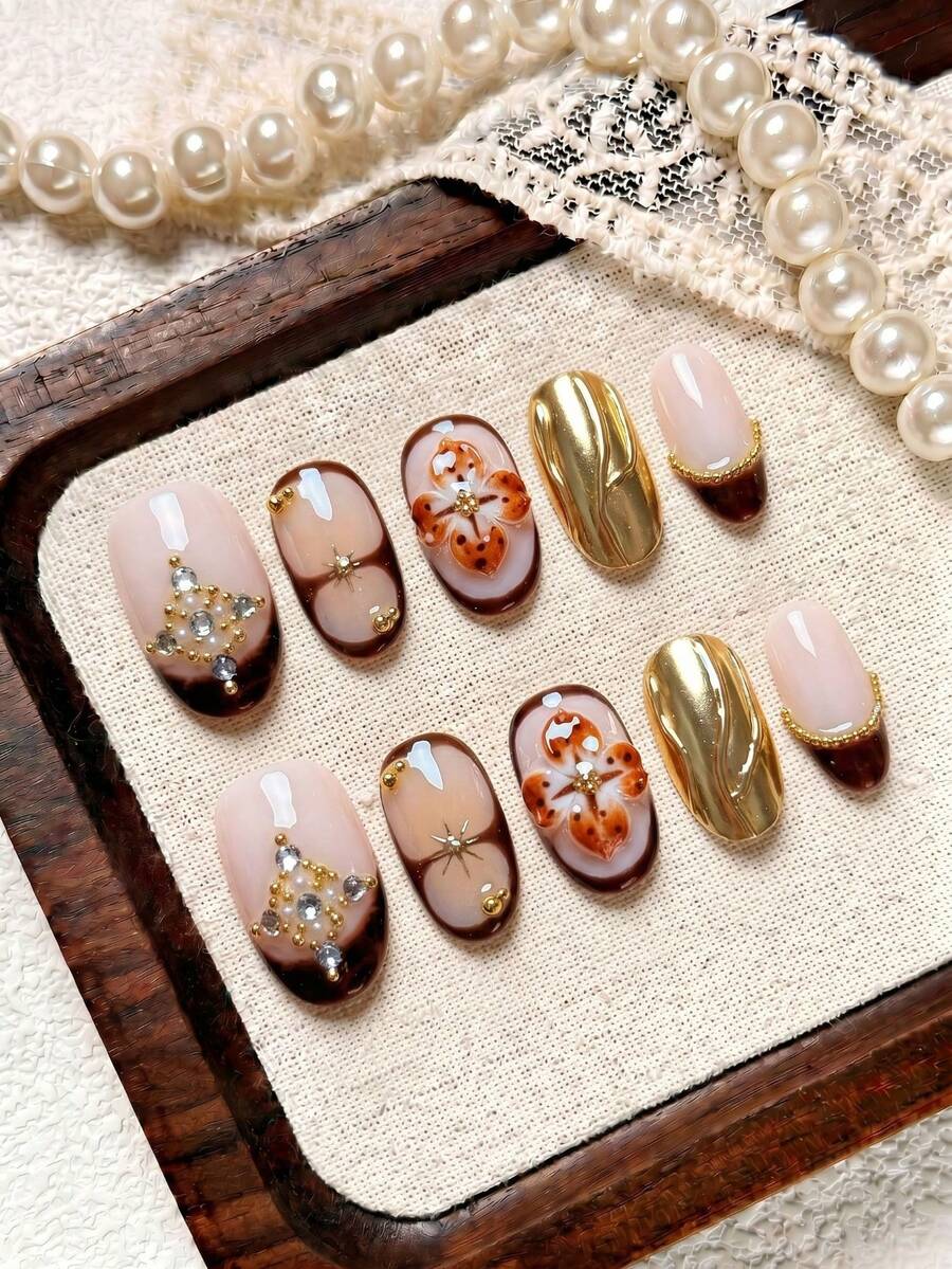 10pcs/Set Handmade Press On Nails Almond, Nude, White, Yellow And Red Color With French Edge, Gel-X False Nails With Floral Embossing And Wavy Patterns, Orange Gradient, And Cat-Eye Fake Nails With Polka Dots And Lines, Suitable For Party, Wedding, Daily Wear, Contain 1Pc Jelly Glue And 1Pc Nail File,Great Gift For Women & Girls - Multicolor - View 1