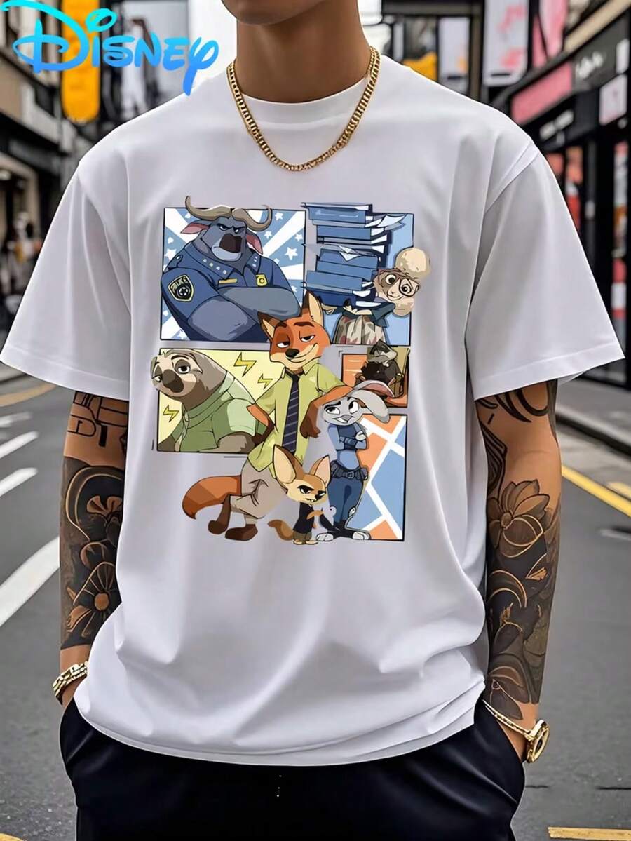 Disney Authorized Men's "Zootopia 2" Disneyland Theme Printing Cool Street T-Shirt, Nick And Judy Pattern Knot Decoration, Fabric Washable And Easy To Take Care Of, Wear And Adapt On Many Occasions, The Theme Atmosphere Of The Park Is Full. - White - View 1