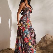 Vacation Knit Mesh Printed Halter Split Dress For Women, Christmas Party, Elegant New Year's Eve Outfits,  Sexy Summer Dresses For Vacation,Mermaid, Bohemian Outfits, Ibiza Outfits, Western Style - Multicolor - Ver 3