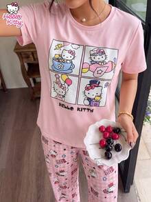SANRIO 2件套可爱小猫图案睡衣套装，柔软舒适面料，成人女士家居睡衣 - 粉色 - 查看 5