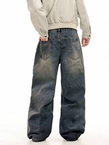 1pc Justice Brother Casual Commuter Men's Loose Fit Wide Leg Jeans, Classic Versatile Design (Excluding Belt/Accessories) - Dusty Blue - View 2