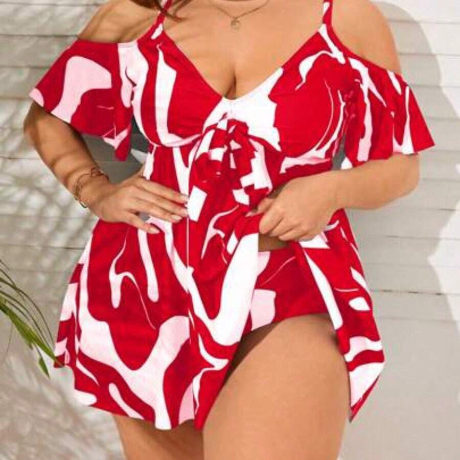 Swim Lushoire Summer Beach Plus Size Women's Printed Cold-Shoulder Swimwear - Rojo y blanco - Ver 1