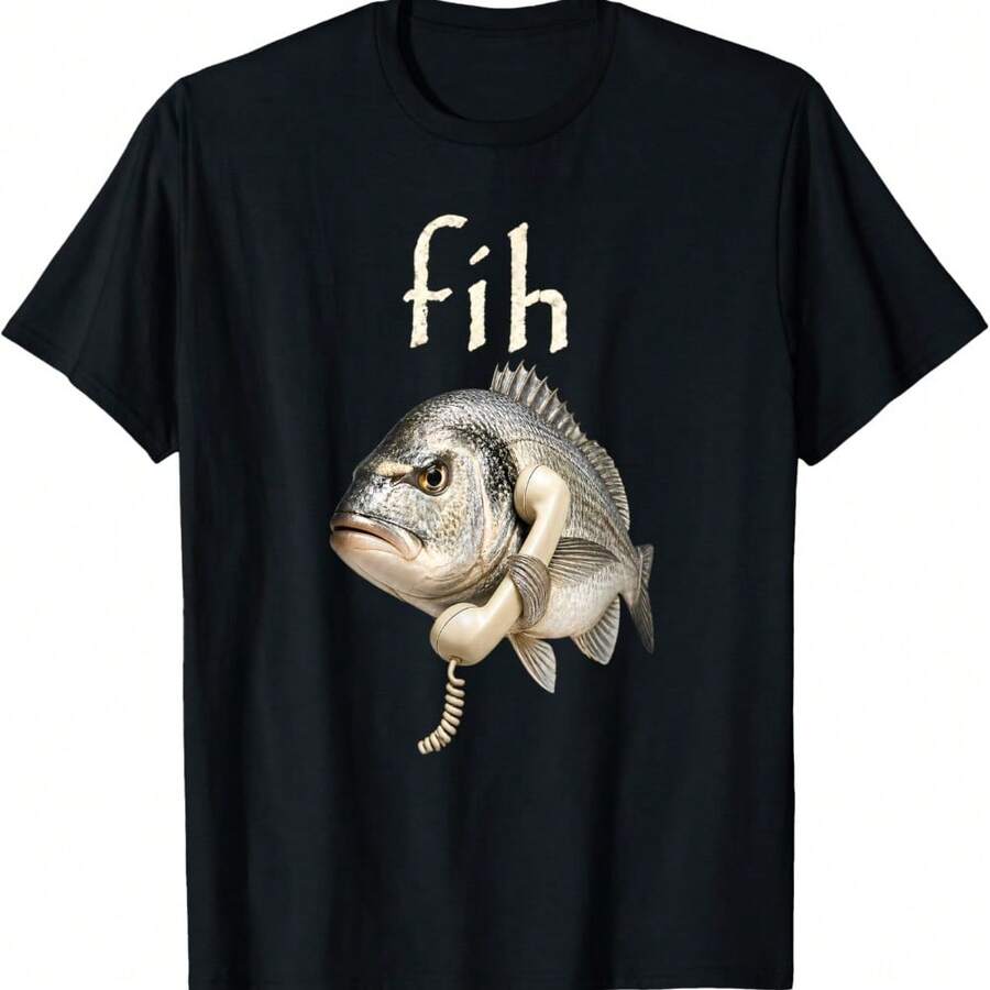 Fih Funny Fish Phone Meme T-Shirt - Black - View 1