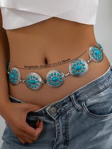 1 Pc Vintage Western Concho Waist Chain, Cowboy Cowgirl Style Blue Turquoise Cluster Belly Chain, Southwestern Belt For Women - Multicolor - View 11