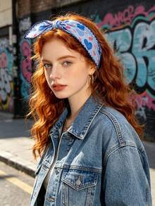 1 Pc Ladies' Soft & Breathable Printed Square Scarf/Headband/Triangle Scarf, With Colorfast Ditsy Floral Pattern, Suitable For Daily Wear For Dress - Multicolor - View 8